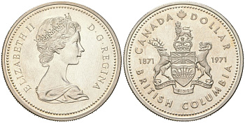 Канада 1 доллар 1971 100 лет присоединению Британской Колумбии KM 80 серебро BU 00-1067-1-14