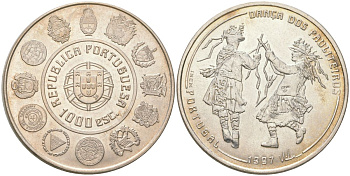 Португалия 1000 эскудо 1997 Танец Политейрош KM 704 серебро  UNC  4552-623