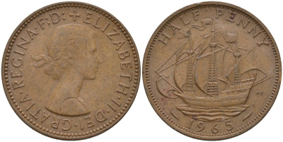 Великобритания 1/2 пенни 1965 Елизавета II (1952-2022) KM 896, Spink 4158 бронза 4146-314