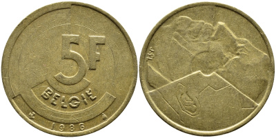 БЕЛЬГИЯ 5 ФРАНКОВ 1986 BELGIE KM 164 латунь или алюминиевая бронза 4390-1133