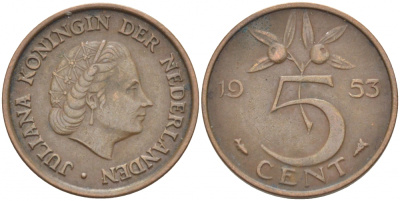 Нидерланды 5 центов 1953 Юлиана (1948-1980) KM 181 бронза 214-767