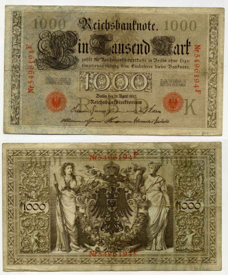 ГЕРМАНИЯ 1000 МАРОК 1910 КРАСНАЯ ПЕЧАТЬ, 7 ЦИФР В НОМЕРЕ Pick 44b бумага 8589-53-3-2