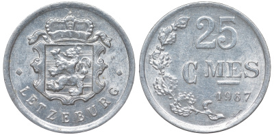 Люксембург 25 сантимов 1967 KM 45a.1 алюминий 4532-1215