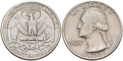 США 25 центов (квотер) 1978 Вашингтон KM A164a медь плакированная медно-никелем 190-325