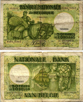 Бельгия 50 франков = 10 бельгас  1944 3 ЯНВАРЯ 1944 Pick 106 бумага 8606-53-3-2