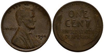 США 1 цент 1944 Линкольн, S KM A132 медь цинк 4164-839