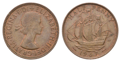 Великобритания 1/2 пенни 1967 Елизавета II (1952-2022) KM 896, Spink 4158 бронза 4671-1142