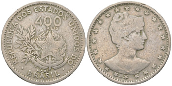 Бразилия 400 реалов 1901 MCMI, голова свободы вправо KM 505 медно-никель 4612-452