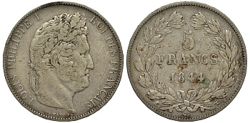 Франция 5 франков 1844 W, Луи Филипп I (1830-1848) KM 749.13 серебро    1530-1014