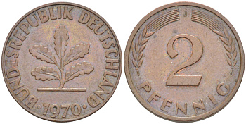 ФРГ 2 ПФЕННИГА 1970 J KM 106а, J. 381а сталь плакированная сталь плакированная медьюю 4181-758
