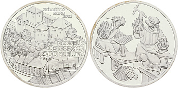 Австрия 500 шиллингов 2001 замок Шаттенбург, кузнецы KM 3080 серебро PROOF 06-256-21