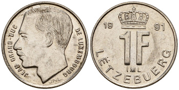 Люксембург 1 франк 1991 KM 63 сталь плакированная никелем 4602-326