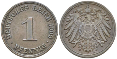 ГЕРМАНИЯ 1 ПФЕННИГ 1909 A KM 10, Jager. 10, Weege 2 медь 4528-1254