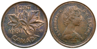 Канада 1 цент 1981 Елизавета II (1952-2022), кленовый лист KM 127 бронза 54-944