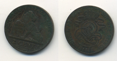 БЕЛЬГИЯ 2 САНТИМА 1863 BELGES KM 4.2 медь 35-1456