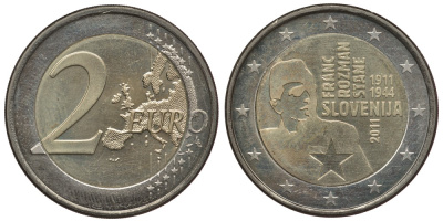 СЛОВЕНИЯ 2 ЕВРО 2011 100 ЛЕТ СО ДНЯ РОЖДЕНИЯ ФРАНЦА РОЗМАНА - СТАНЕ KM 100 биметалл UNC 3856-724