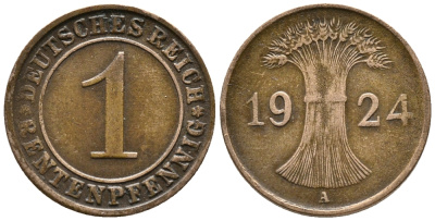 Германия 1 рентенпфенниг 1924 A KM 30, J. 306, Weege 1 бронза 39-832
