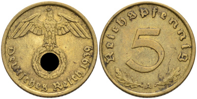 Германия 5 рейхспфеннигов 1939 A, KM 91 алюминиевая бронза 100-527