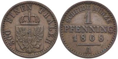 ПРУССИЯ 1 ПФЕННИГ 1868 А KM 480 медь 100-327