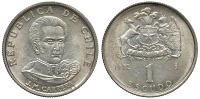 Чили 1 эскудо 1972 Хосе Мигель Каррера KM 197 медно-никель 4118-312