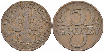 ПОЛЬША 5 ГРОШЕЙ 1937 w KM 10a бронза 4549-238