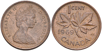 Канада 1 цент 1969 Елизавета II (1952-2022), кленовый лист KM 59.1 бронза 4147-252