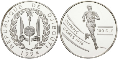 Джибути 100 франков 1994 олимпийские игры 1996 года в Атланте, бег, тираж 30000 экз. KM 30 серебро PROOF 00-00