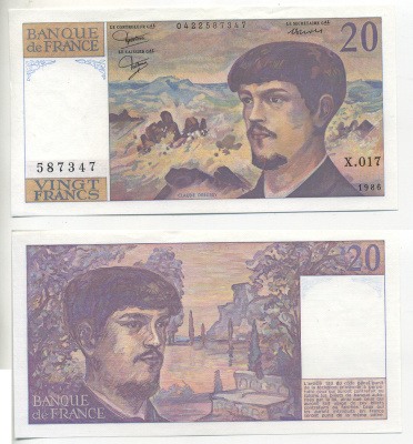 ФРАНЦИЯ 20 ФРАНКОВ 1986 Pick 151a бумага UNC (ПРЕСС) 7553-39-3