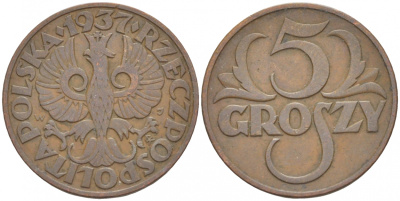 ПОЛЬША 5 ГРОШЕЙ 1937 w KM 10a бронза 4549-238