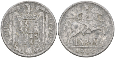 Испания 10 сентимо 1945 Франсиско Франко (1939 - 1975) KM 766 алюминий 4155-227