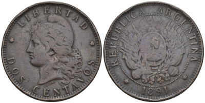 Аргентина 2 сентаво 1891 голова свободы влево KM 8 бронза 177-411