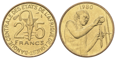 Западная Африка (ВСЕАО) 25 франков 1980 KM 9 алюминиевая бронза 65-357
