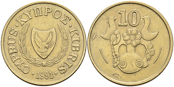 Кипр 10 центов 1991 амфора KM 56.3 никель латунь    4595-936