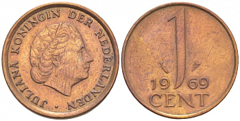 НИДЕРЛАНДЫ 1 ЦЕНТ 1969 ЮЛИАНА KM 180 бронза 3955-443