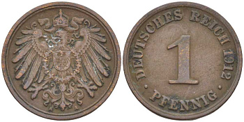ГЕРМАНИЯ 1 ПФЕННИНГ 1912 А KM 10, J. 10 медь 201-944