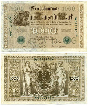 ГЕРМАНИЯ 1000 МАРОК 1910 21 АПРЕЛЯ 1910, ЗЕЛЁНАЯ ПЕЧАТЬ, СЕМИЗНАЧНЫЙ НОМЕР Pick 45b бумага 7198-31-1-2