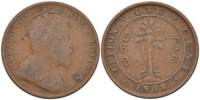 ЦЕЙЛОН 1 ЦЕНТ 1908 ЭДУАРД VII KM 102 медь 68-715