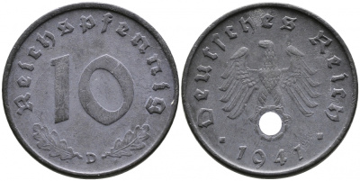 ГЕРМАНИЯ 10 РЕЙХСПФЕННИГОВ 1941 D KM 101, J 371 цинк 4525-1226