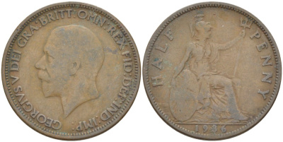 Великобритания 1/2 пенни 1936 Георг V (1910-1936) KM 837, Spink 4058 бронза 4514-1152