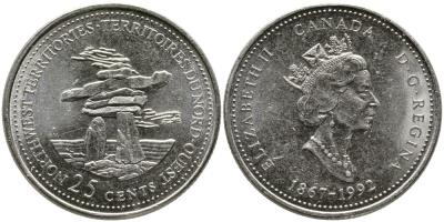 КАНАДА 25 ЦЕНТОВ 1992 125 ЛЕТ КОНФЕДЕРАЦИИ, ЕЛИЗАВЕТА II (1952-), СЕВЕРО-ЗАПАДНЫЕ ТЕРРИТОРИИ, ТРЕТИЙ ПОРТРЕТ В КОРОНЕ KM 212 никель 4543-812