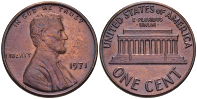США 1 ЦЕНТ 1971 ЛИНКОЛЬН KM 201 медь цинк 66-448