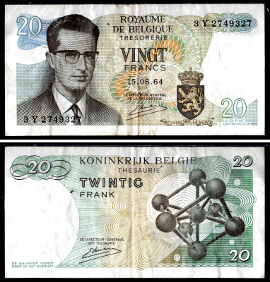Бельгия 20 франков 1964 Pick 138 (3) бумага 7551-13-1-2