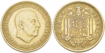 ИСПАНИЯ 1 ПЕСЕТА 1966 (70) ФРАНСИСКО ФРАНКО ДИКТАТОР ИСПАНИИ (1939-1975) КМ 796 алюминиевая бронза 87-1452