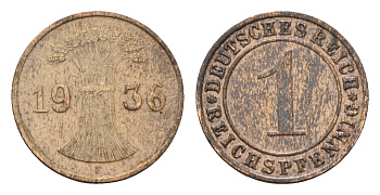 Германия 1 рейхспфенниг 1936 F KM 37, J. 313 бронза 4630-1036