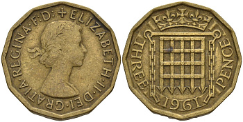 Великобритания 3 пенса 1961 Елизавета II (1952-2022) KM 900, Spink 4153 никель латунь 4146-346