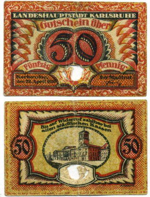 Германия, Карлсруэ 50 пфеннигов 1920 22 апреля 1920, нотгельд, земля Баден-Вюртемберг Grabowski К10.1  бумага 8614-28-3-1