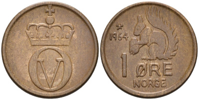 Норвегия 1 эре 1964 белка, Улаф V (1958-1991) KM 403 бронза аUNC 4580-944