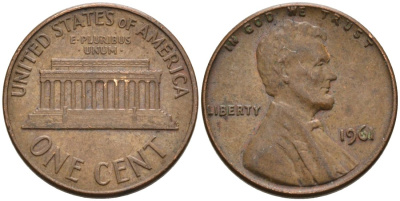 США 1 цент 1961 Авраам Линкольн KM 201 медь цинк 4564-345