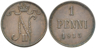 РОССИЯ ДЛЯ ФИНЛЯНДИИ 1 ПЕННИ 1915 НИКОЛАЙ II KM 13, Биткин 475 медь 261-1145