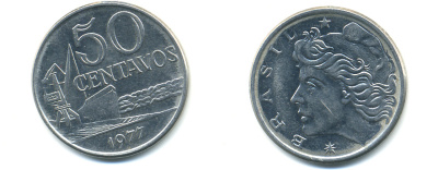 Бразилия 50 сентаво 1977 голова свободы влево KM 580b нержавеющая сталь UNC 86-1047